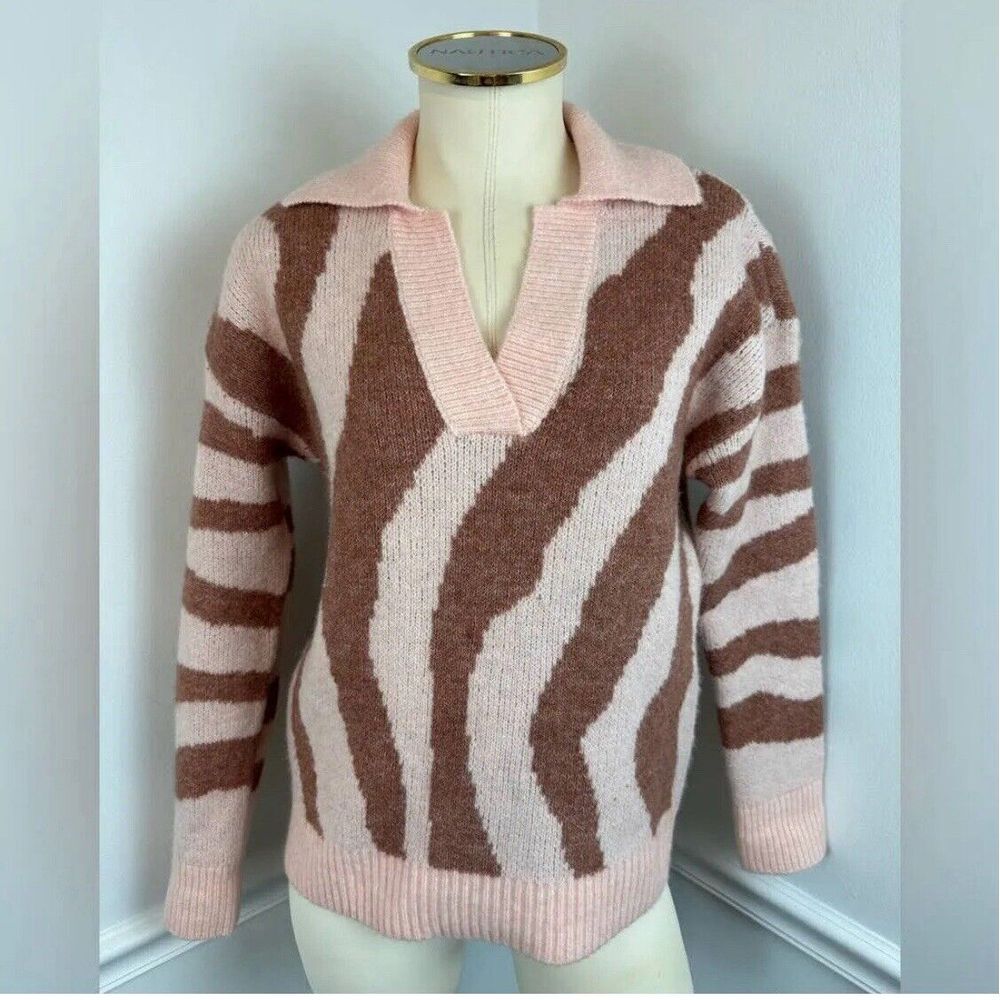 Nine West Sweater Womens Large Pink Mauve Zebra Polo Knit Long Sleeve Size XXL